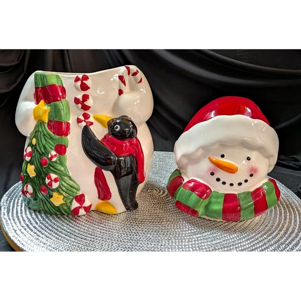 Snowman Cookie Jar W/ Penguin Christmas Decor Holiday Season Container